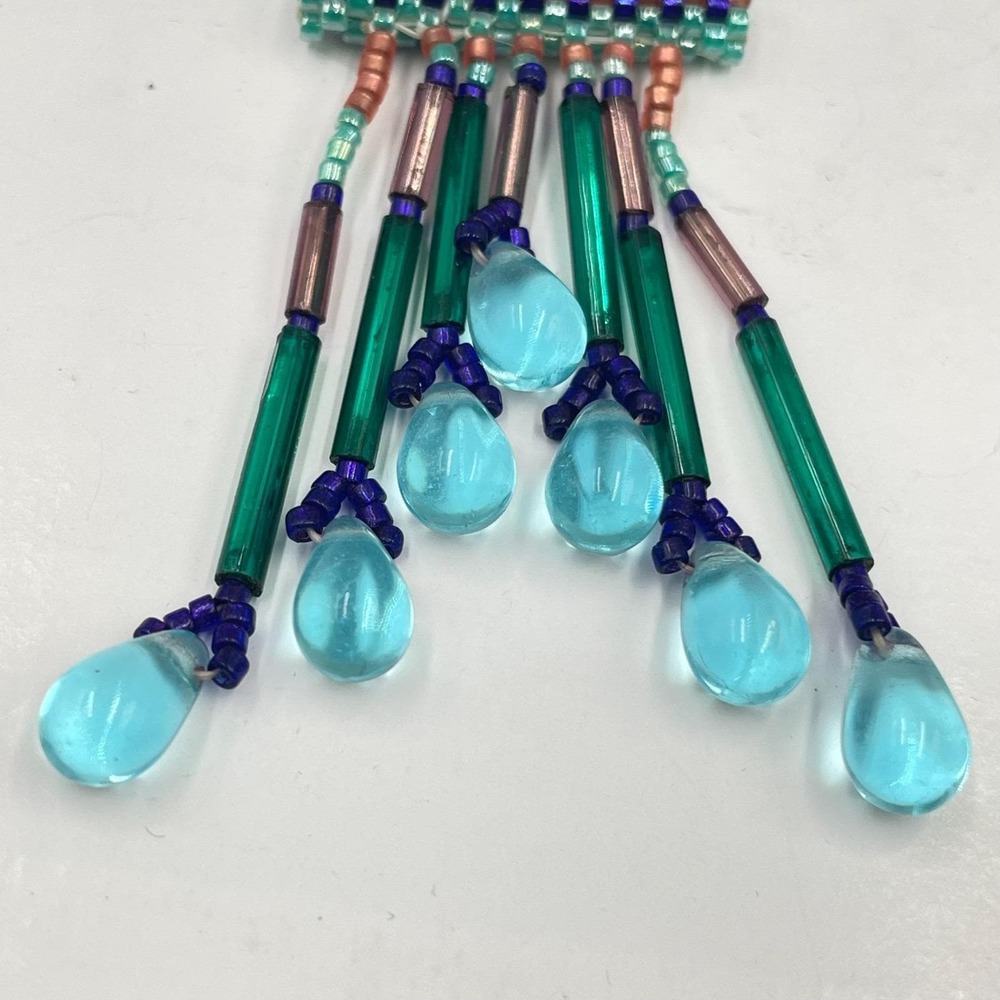 Handmade Beaded Pendant Necklace Boho Seed Bead Geometric Teal Pink Glass Fringe - Picture 4 of 8